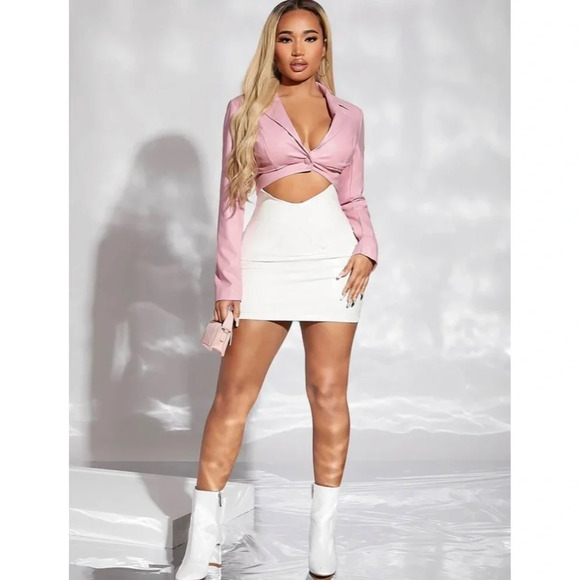 Sexy Faux Leather Baby Pink Single Button Crop Jacket - Picture 4 of 6